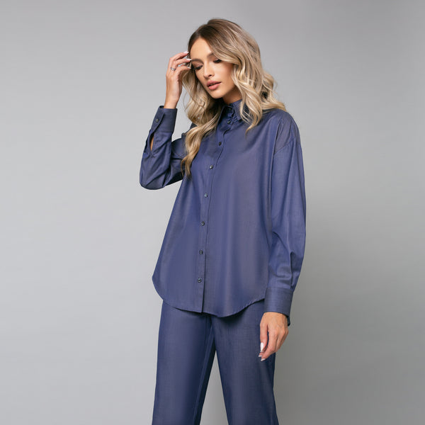 Cămașă denim blue de damă elegantă, model oversize - Minimalis România