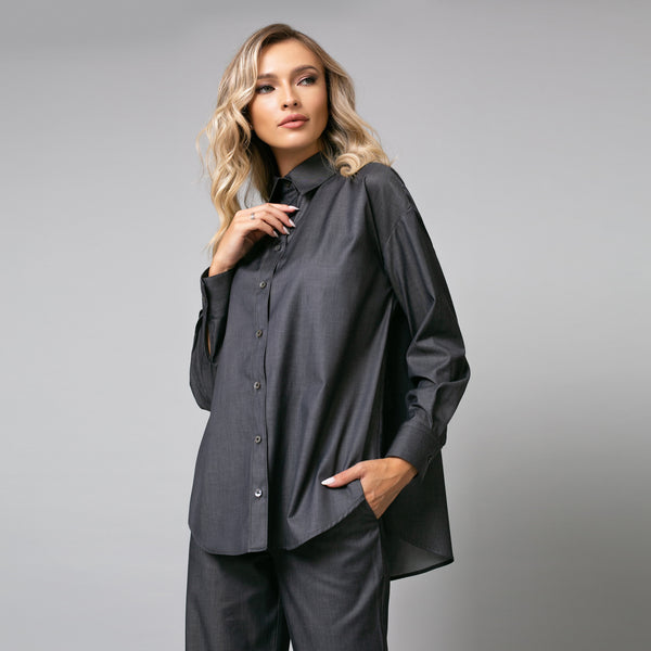 Cămașă denim gri de damă elegantă, model oversize - Minimalis România