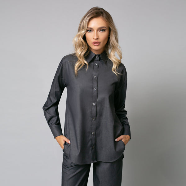 Cămașă denim gri de damă elegantă, model oversize - Minimalis România