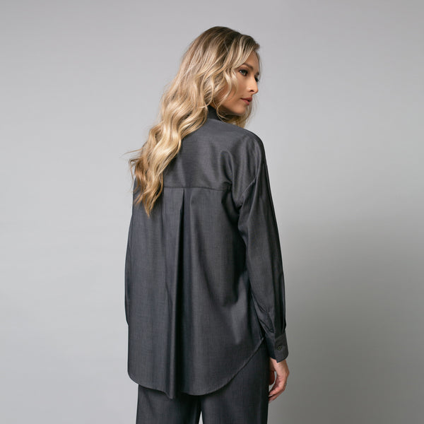 Cămașă denim gri de damă elegantă, model oversize - Minimalis România
