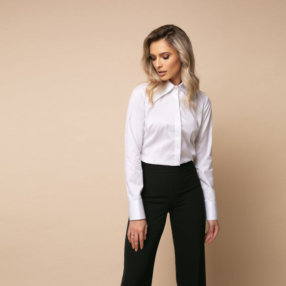 Cămașă damă albă elegantă cu guler supradimensionat și manșete simple - Minimalis România