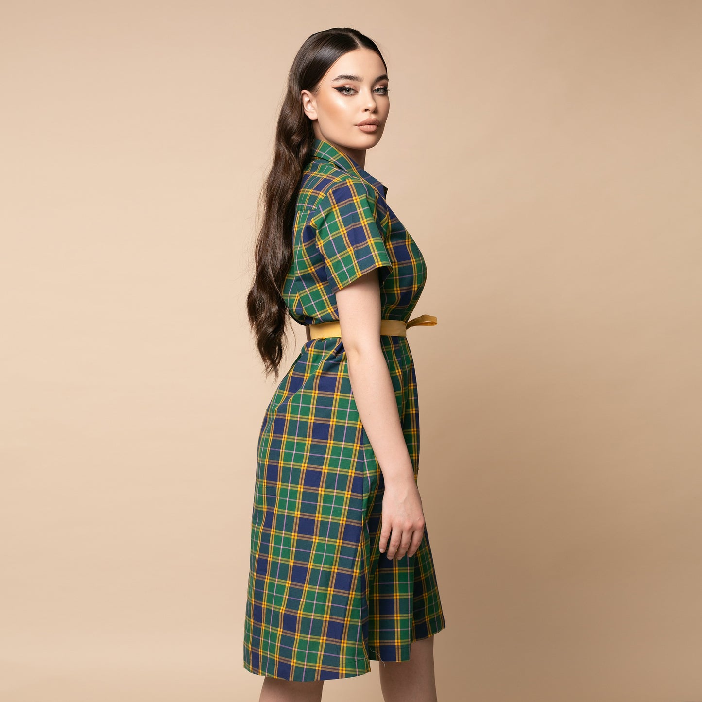 Rochie midi cu nasturi frontali si cordon, model Scottish college 4