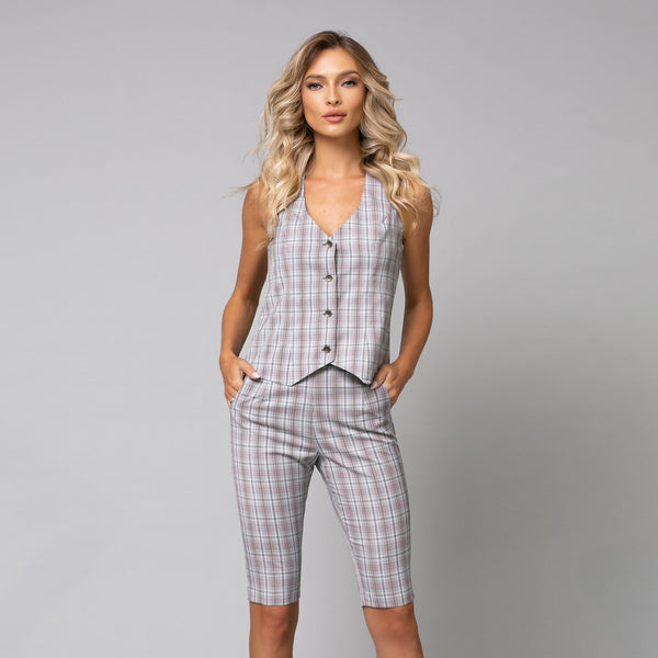 Compleu damă in carouri gri alcatuit din pantalon 3/4 și vestă - Minimalis România