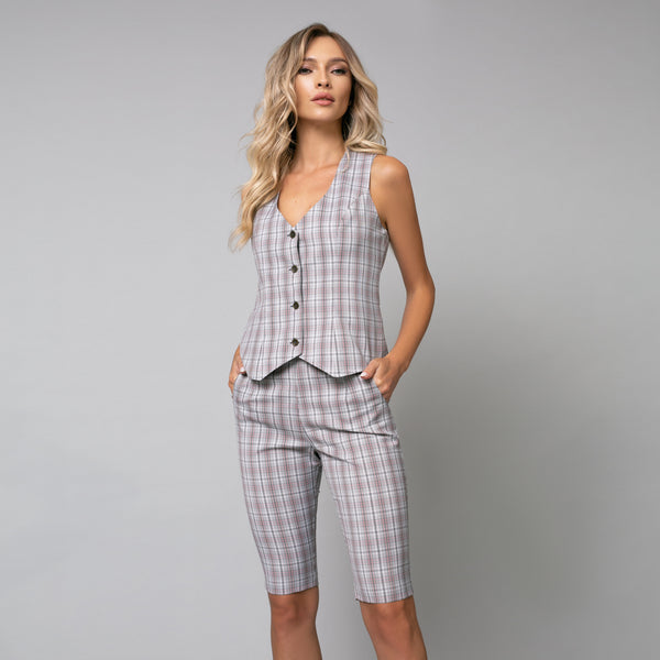 Compleu damă in carouri gri alcatuit din pantalon 3/4 și vestă - Minimalis România