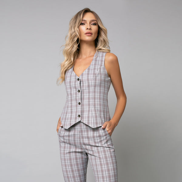 Compleu damă in carouri gri alcatuit din pantalon 3/4 și vestă - Minimalis România