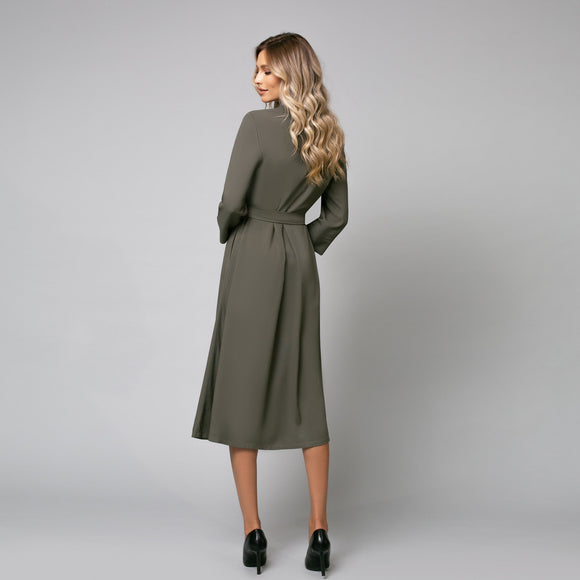 Rochie damă midi cu nasturi frontali și cordon, model summer kaki - Minimalis România