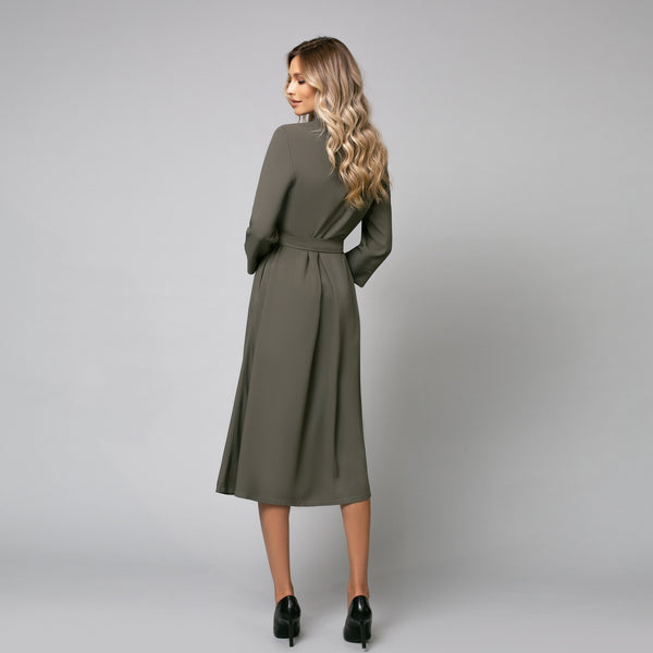 Rochie damă midi cu nasturi frontali și cordon, model summer kaki - Minimalis România