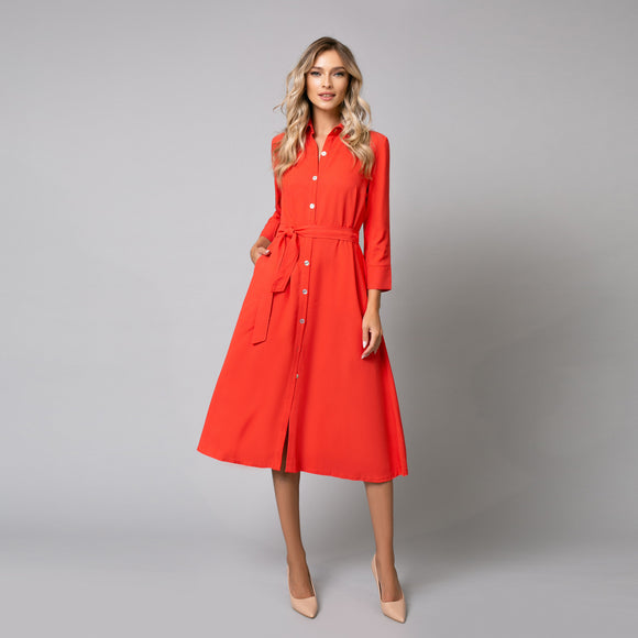 Rochie rosie de damă eleganta cu nasturi frontali și cordon, model red summer - Minimalis România