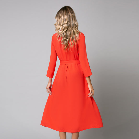 Rochie rosie de damă eleganta cu nasturi frontali și cordon, model red summer - Minimalis România