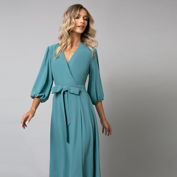 Rochie eleganta damă parte peste parte cu maneci bufante, de culoare albastru turcoaz - Minimalis România