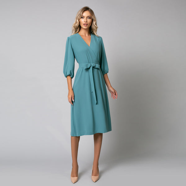 Rochie eleganta damă parte peste parte cu maneci bufante, de culoare albastru turcoaz - Minimalis România