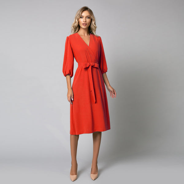 Rochie eleganta de dama rosie parte peste parte cu maneci bufante - Minimalis România