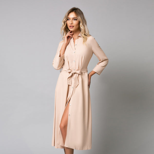 Rochie damă midi cu nasturi frontali și cordon, model nude summer - Minimalis România