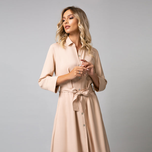 Rochie damă midi cu nasturi frontali și cordon, model nude summer - Minimalis România