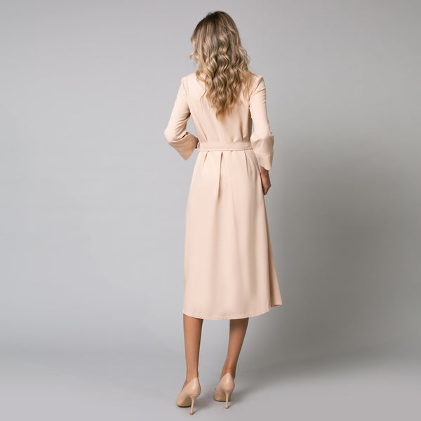 Rochie damă midi cu nasturi frontali și cordon, model nude summer - Minimalis România