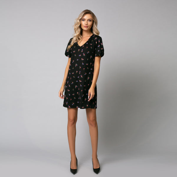 Rochie mini cu maneca bufanta de culoare neagra cu imprimeu floral - Minimalis România