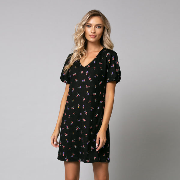 Rochie mini cu maneca bufanta de culoare neagra cu imprimeu floral - Minimalis România