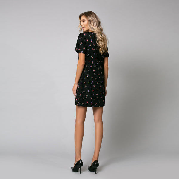Rochie mini cu maneca bufanta de culoare neagra cu imprimeu floral - Minimalis România
