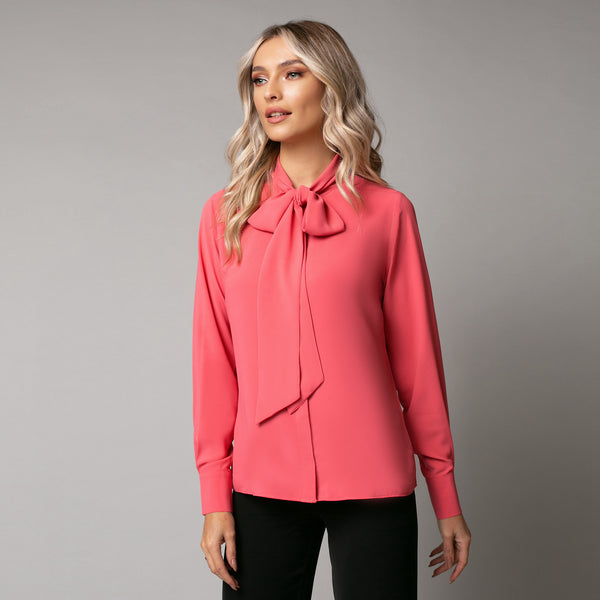 Camasa dama eleganta si delicata cu funda, material roz piersica - Minimalis România