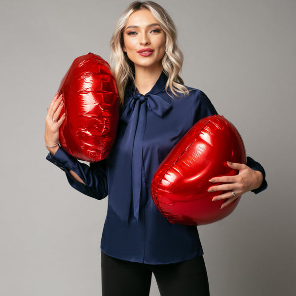 Camasa dama eleganta si delicata cu funda, material albastru inchis - Minimalis România