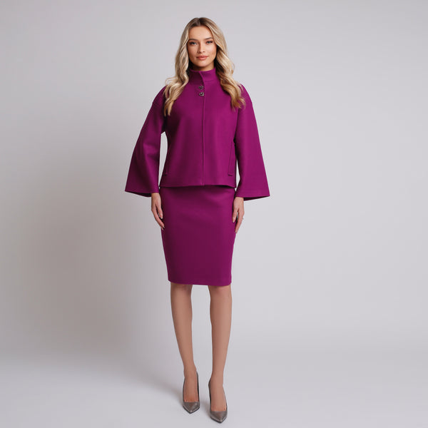 Pardesiu de dama elegant din stofa violet cu maneci 3/4 largi - Minimalis România