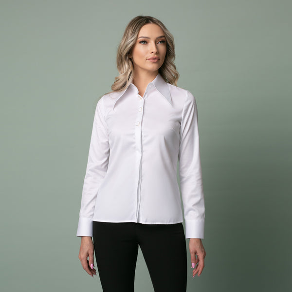Cămașă elegantă de damă alba, cu guler supradimensionat și nasturi inimioare - Minimalis România