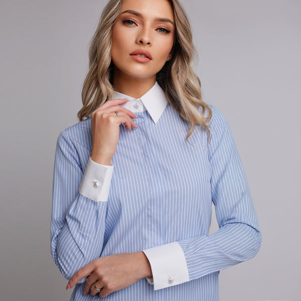 Cămașă elegantă de damă albastra cu dungi fine si nasturi inimioare - Minimalis România
