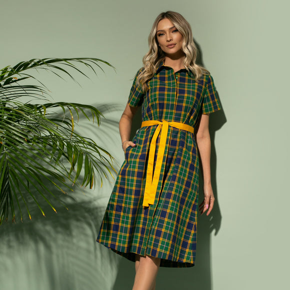 Rochie damă midi cu nasturi frontali și cordon, model Scottish college - Minimalis România
