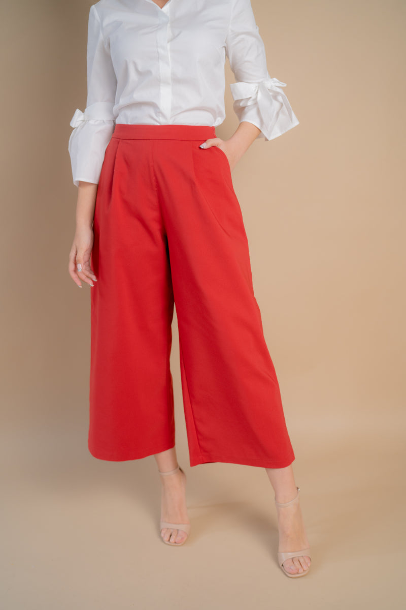 Pantaloni evazati 3/4 verzi si rosii, model culotte