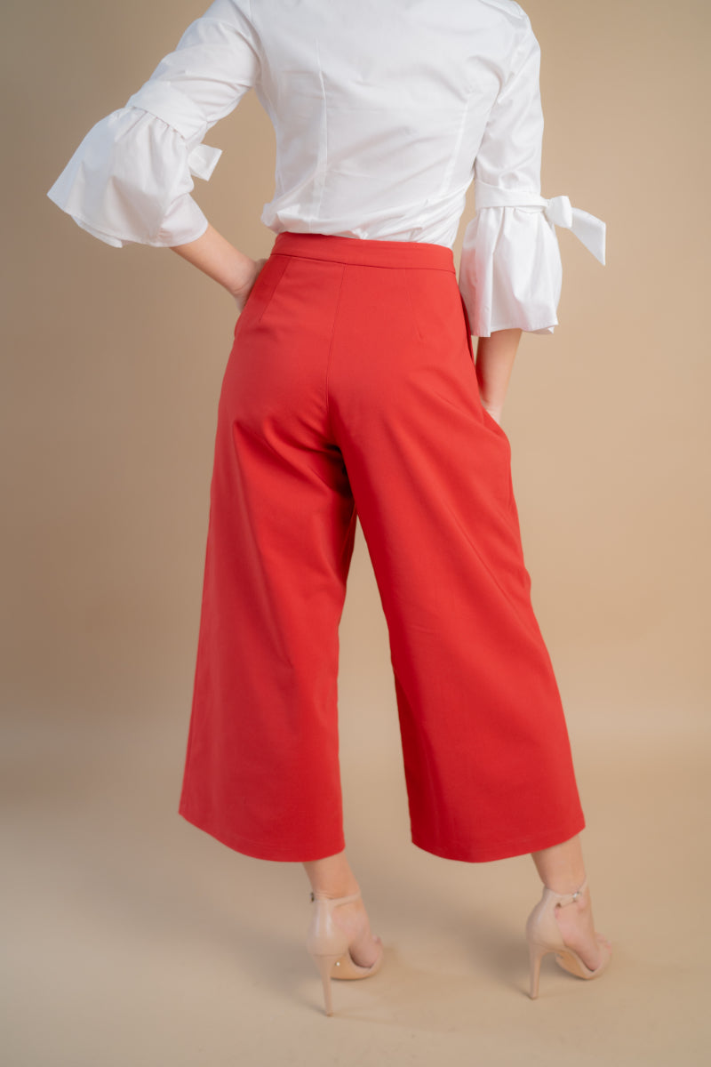 Pantaloni evazati 3/4 verzi si rosii, model culotte