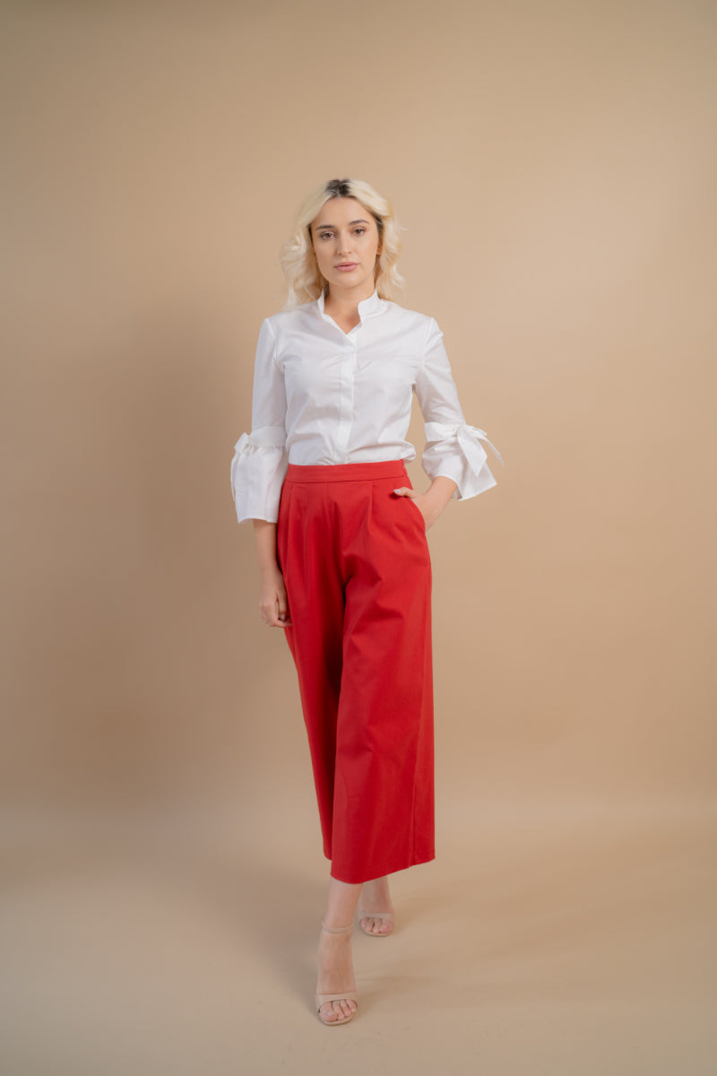 Pantaloni evazati 3/4 verzi si rosii, model culotte