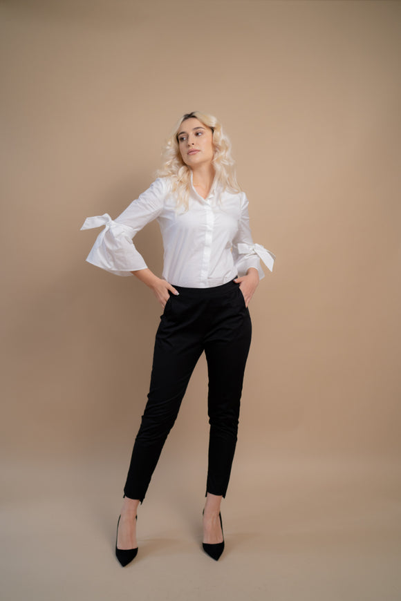 Cămașă de damă elegantă albă cu volane și fundă la mâneci 5