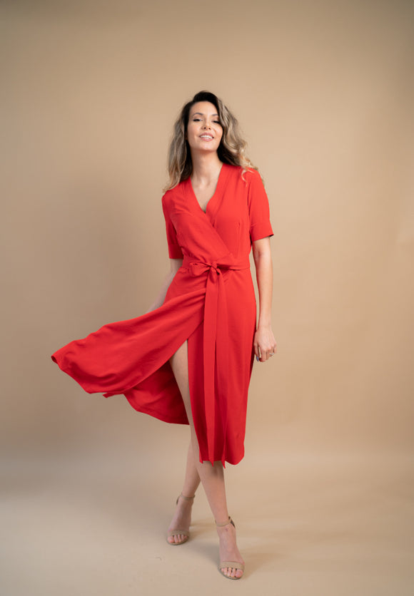 Rochie dama eleganta parte peste parte rosu intens - Minimalis România