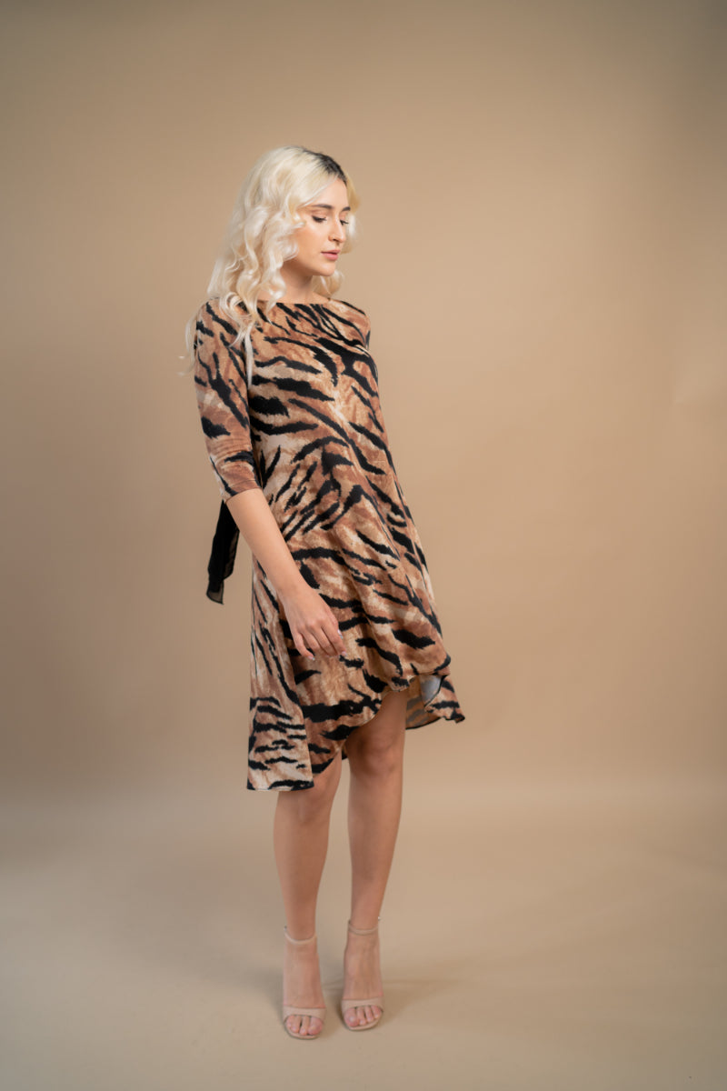 Rochie mini animal print bej si verde din lycra