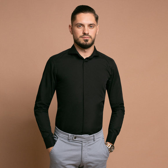 Camasa neagra de barbati cu manseta pentru butoni - Minimalis România