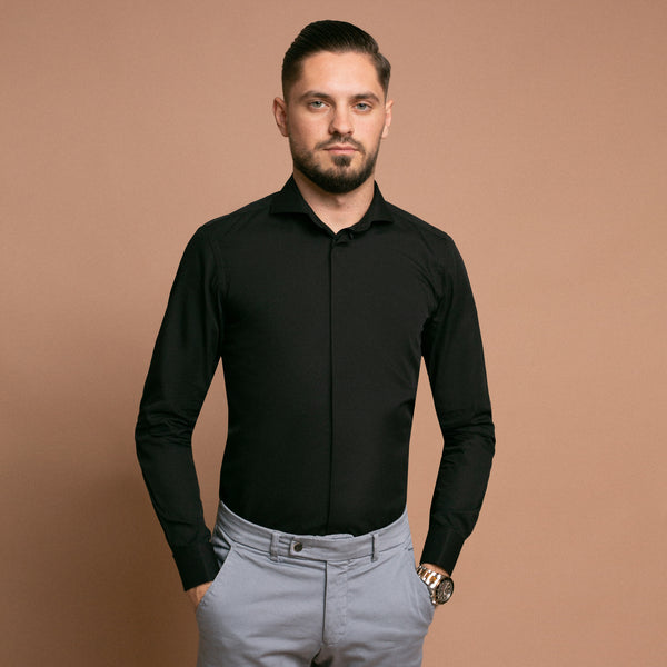 Camasa neagra de barbati cu manseta pentru butoni - Minimalis România