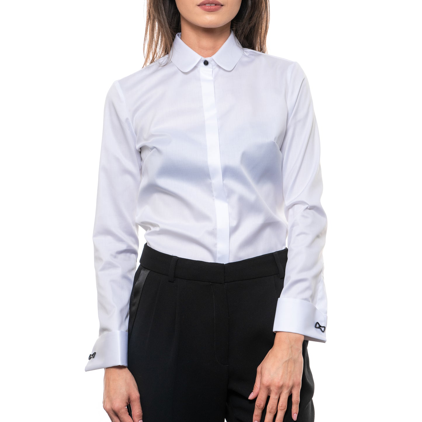 Camasa alba eleganta slimfit cu mansete rotunjite duble si butoni