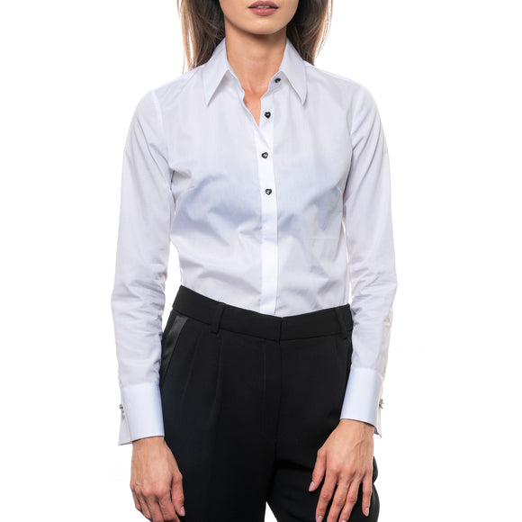 Cămașă albă elegantă de damă cu guler ascuțit și nasturi inimioare negre - Minimalis România