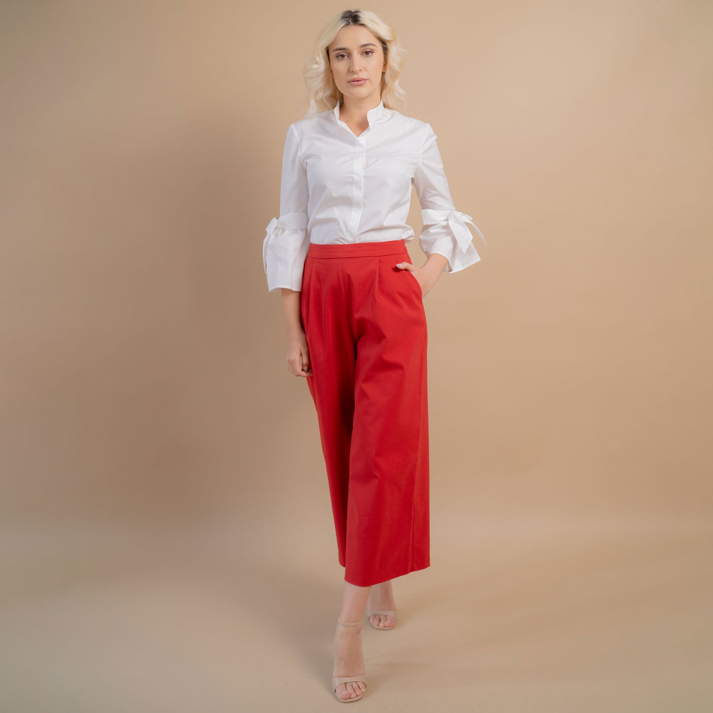 Pantaloni evazati 3/4 verzi si rosii, model culotte