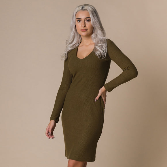Rochie midi verde olive din material moale plisat - Minimalis România