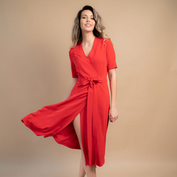 Rochie dama eleganta parte peste parte rosu intens - Minimalis România