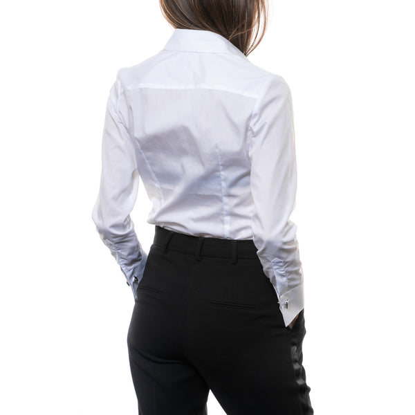 Cămașă albă elegantă de damă cu guler ascuțit și nasturi inimioare negre - Minimalis România