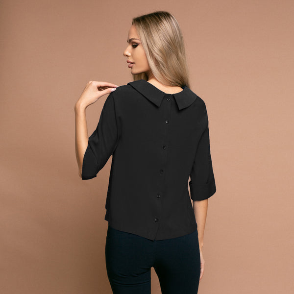 Bluza de damă eleganta neagră cu guler mic și nasturi la spate - Minimalis România