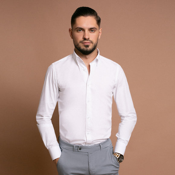 Camasa alba pentru barbati cu nasturi pe guler - Minimalis România