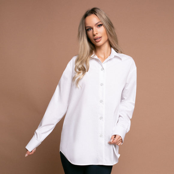 Cămașă albă elegantă oversize cu nasturi decorativi - Minimalis România