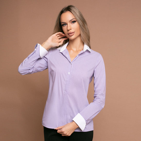 Camasa eleganta slimfit din material alb cu dungi fine lila, cu guler si mansete albe - Minimalis România