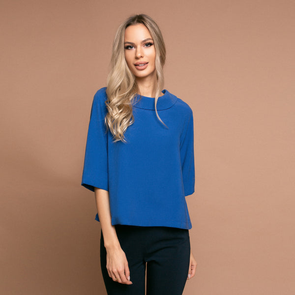 Bluza damă eleganta albastru ocean, guler mic, mânecă 3 sferturi și nasturi la spate - Minimalis România