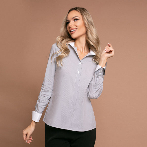 Camasa eleganta slimfit din material alb cu dungi fine gri, cu guler si mansete albe - Minimalis România