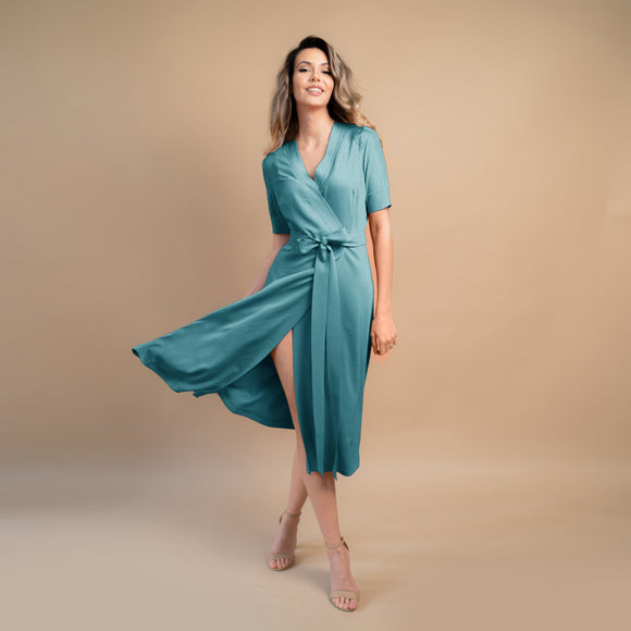 Rochie damă parte peste parte de culoare albastru vintage