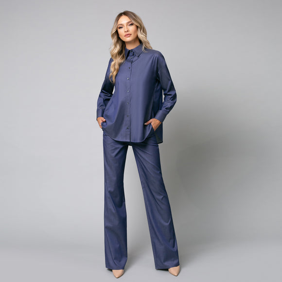 Cămașă denim blue de damă elegantă, model oversize 2